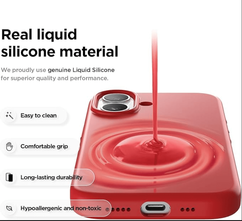 Red phone case with liquid silicone material being poured onto it, featuring text about its properties.