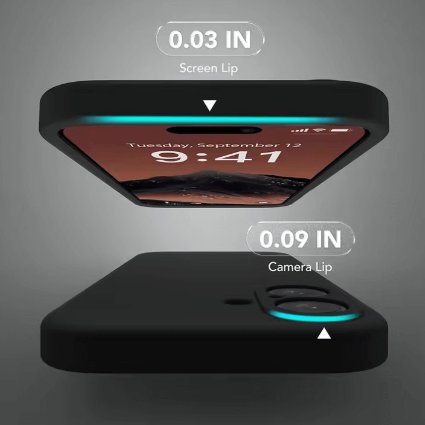 Black phone case with measurements on a gray background