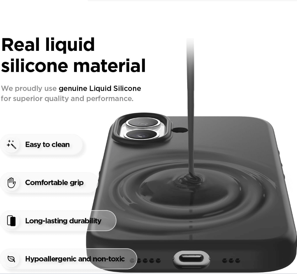 Black phone case with liquid silicone material being poured onto it, featuring text about its properties.