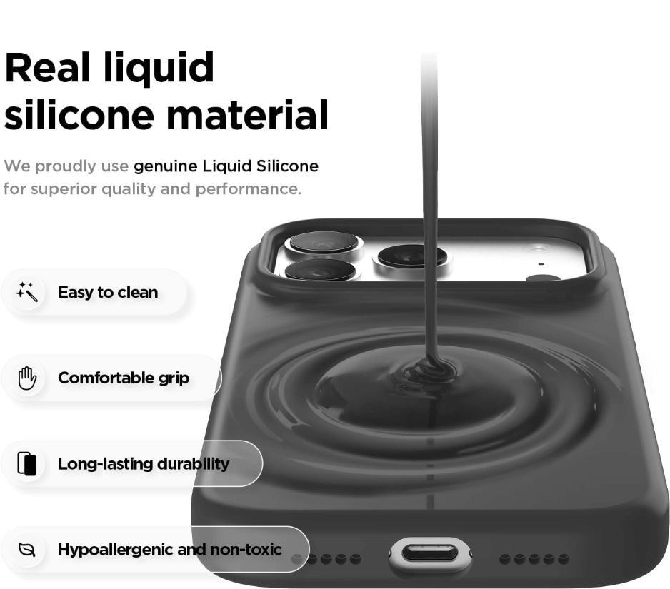 Phone case with liquid silicone being poured onto it, featuring text about material properties.