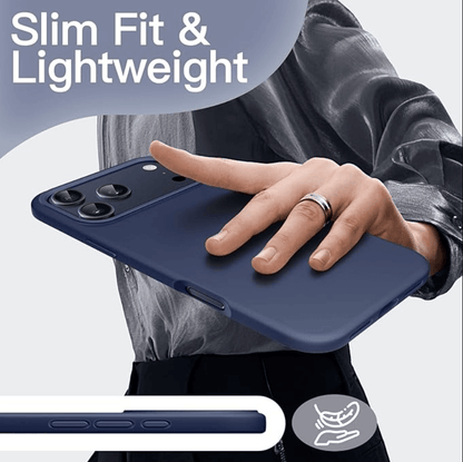 Person holding a blue phone case with text 'Slim Fit & Lightweight' on a white background