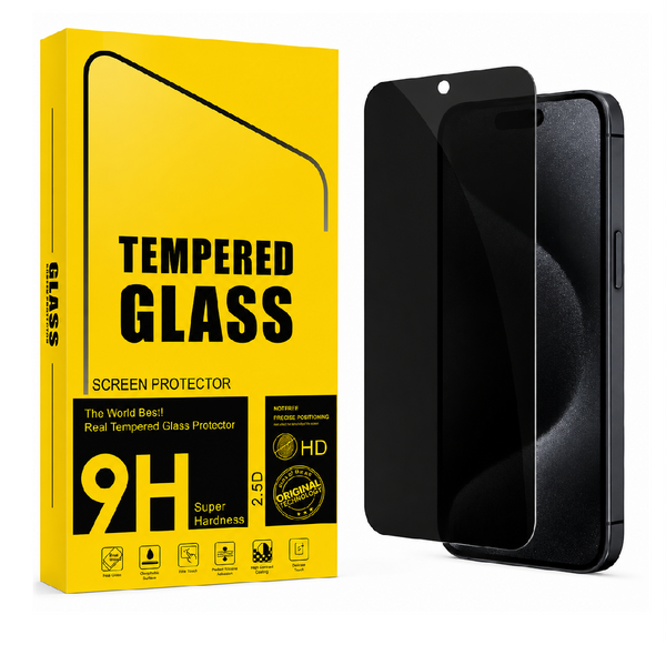 A yellow retail box labeled 'TEMPERED GLASS SCREEN PROTECTOR 9H' stands beside two black tempered glass screen protectors shown partially fitted over smartphone backs, on a light gray studio background.