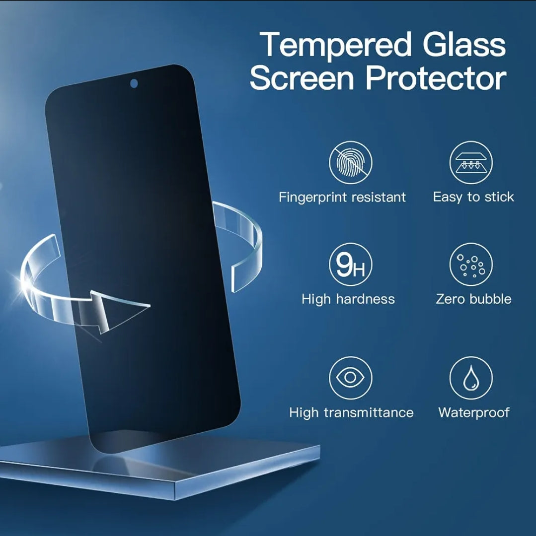 Tempered glass screen protector with smartphone on a stand against a blue background