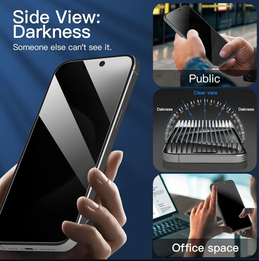 Promotional graphic for a dark-tinted smartphone screen protector, showing a hand holding a phone with a black side view, plus inset photos of a hand holding the phone labeled 'Public' and another hand using a phone labeled 'Office space'. A small diagram in the center illustrates the clear view versus darkness effect through the screen.