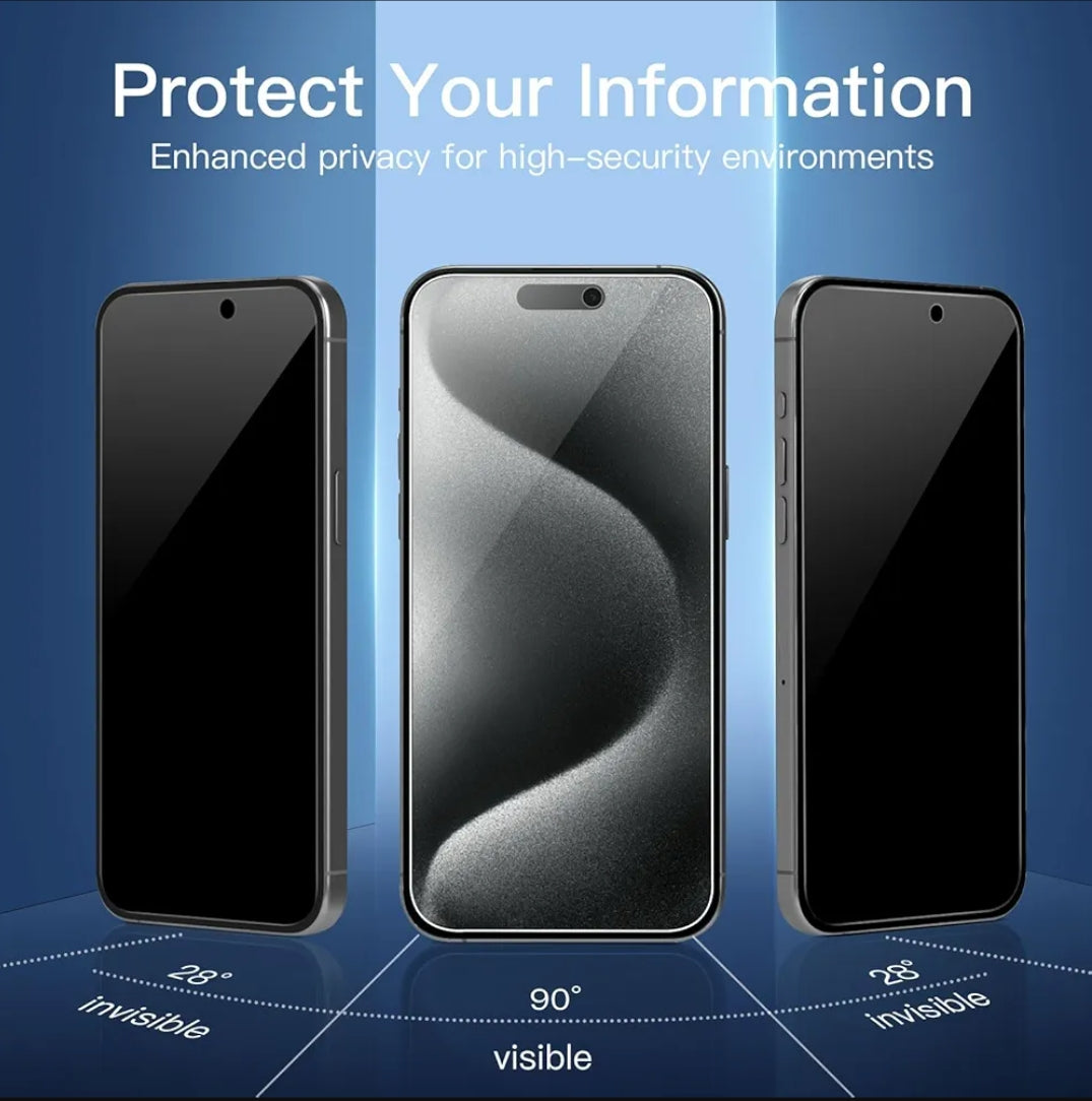 Three smartphone mockups on a blue gradient background with the headline 'Protect Your Information' and text showing visibility angles: 28° invisible, 90° visible, and 28° invisible.