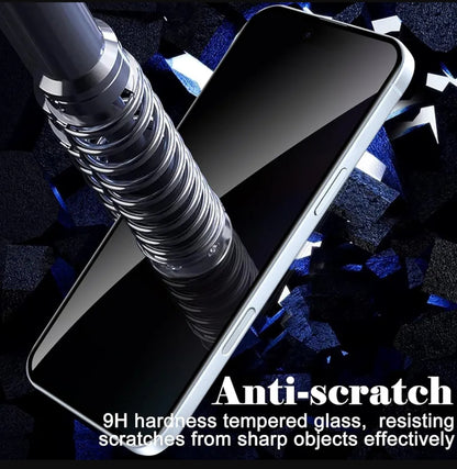 A smartphone shown at an angle with a metallic rod pressed against its screen to demonstrate a tempered glass protector. The text 'Anti-scratch' and '9H hardness tempered glass, resisting scratches from sharp objects effectively' is overlaid on a dark background with blue and black fragments.