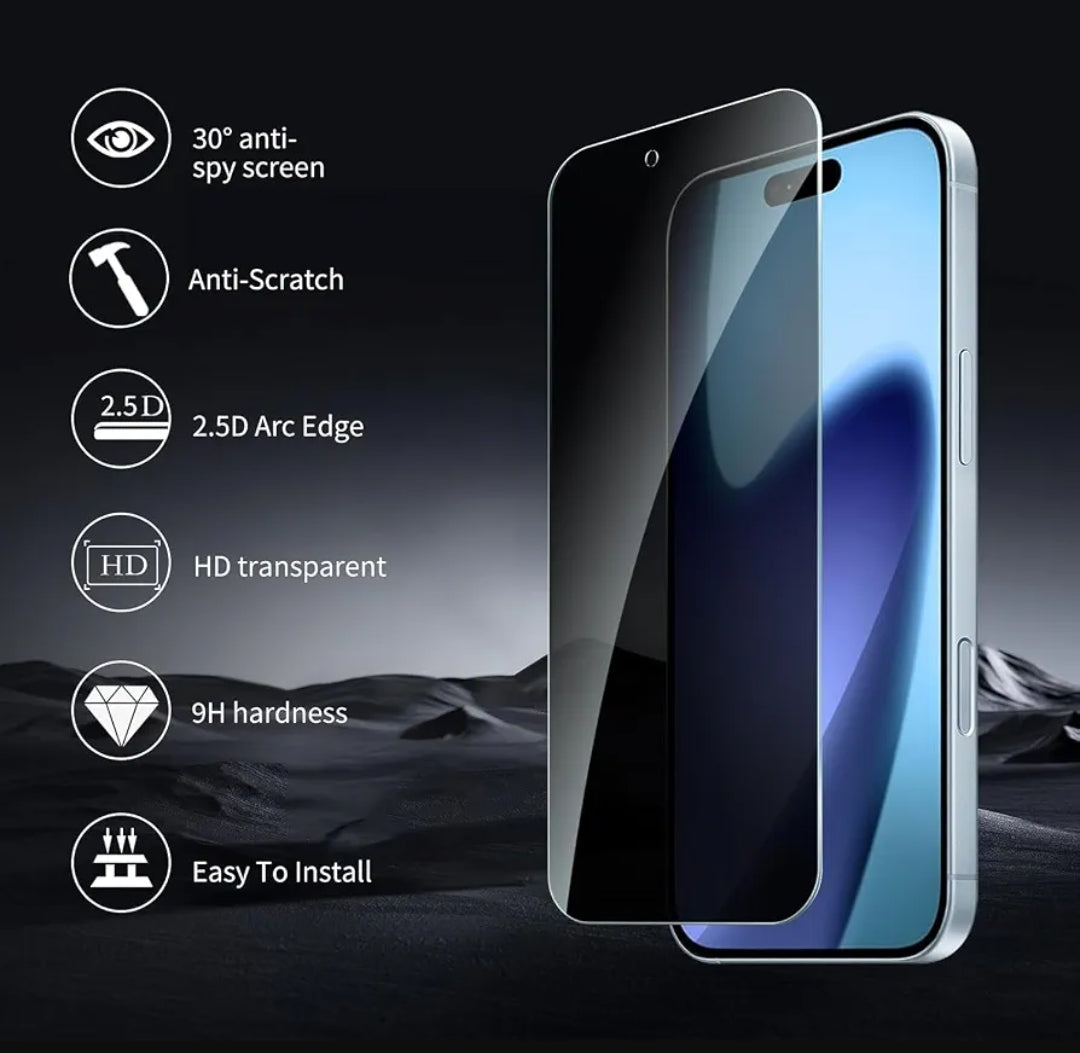 A pair of black tempered glass screen protectors shown over a smartphone, with feature callouts on the left including 30° anti-spy screen, anti-scratch, 2.5D arc edge, HD transparent, 9H hardness, and easy installation.