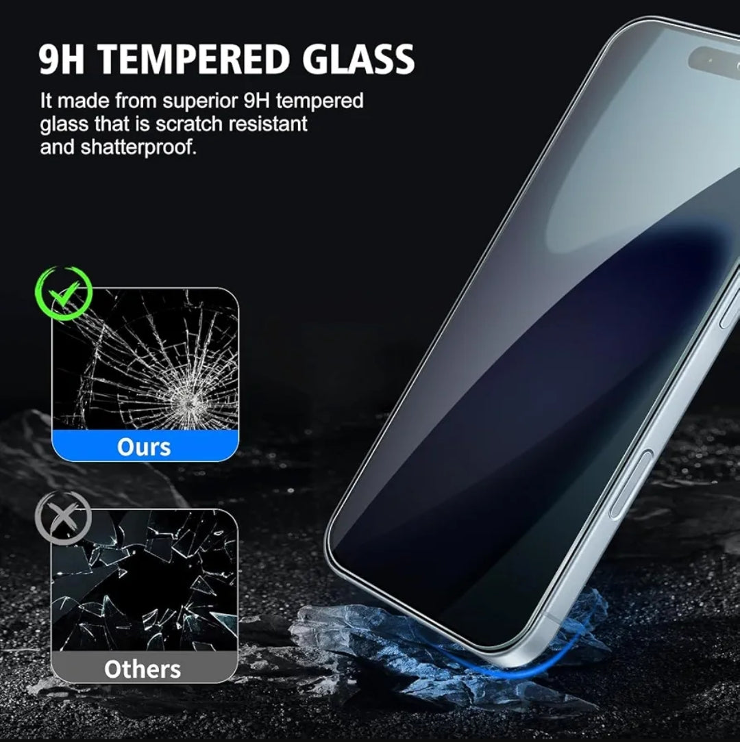 A tempered glass screen protector shown on a smartphone against a dark background, with text highlighting 9H tempered glass strength and a comparison graphic showing shatter resistance.