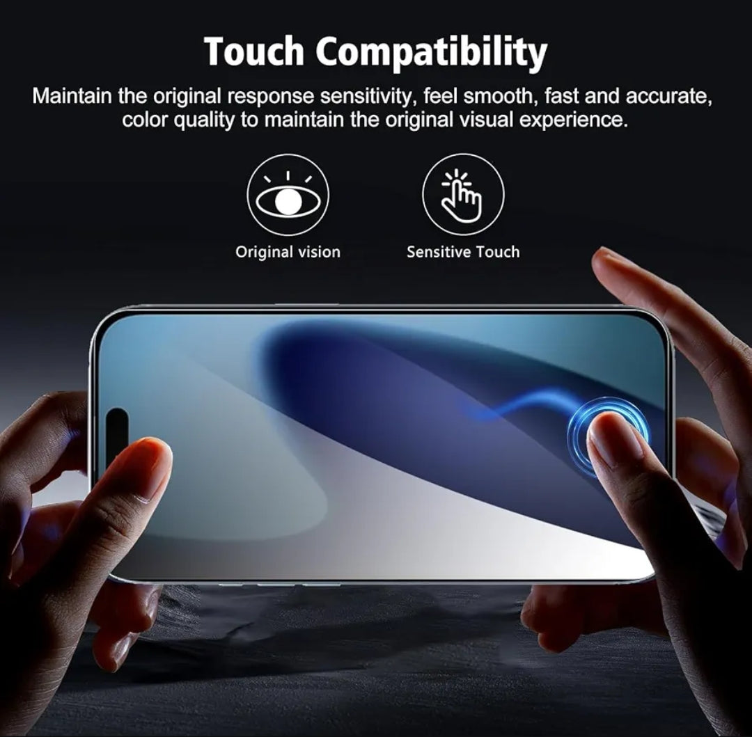 A person holds a smartphone to demonstrate touch compatibility, with text above reading 'Touch Compatibility' and icons for 'Original vision' and 'Sensitive Touch' on a dark background.