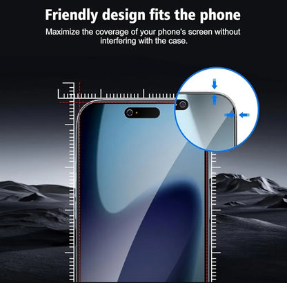 A phone screen protector shown over a smartphone, with measurement markings and a circular inset highlighting the corner fit. Text at the top reads, 'Friendly design fits the phone' and 'Maximize the coverage of your phone's screen without interfering with the case.