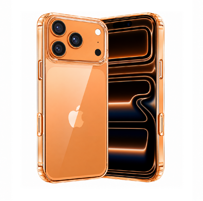 A transparent copper-orange protective phone case shown on the back and side of an iPhone, displayed against a solid white background.