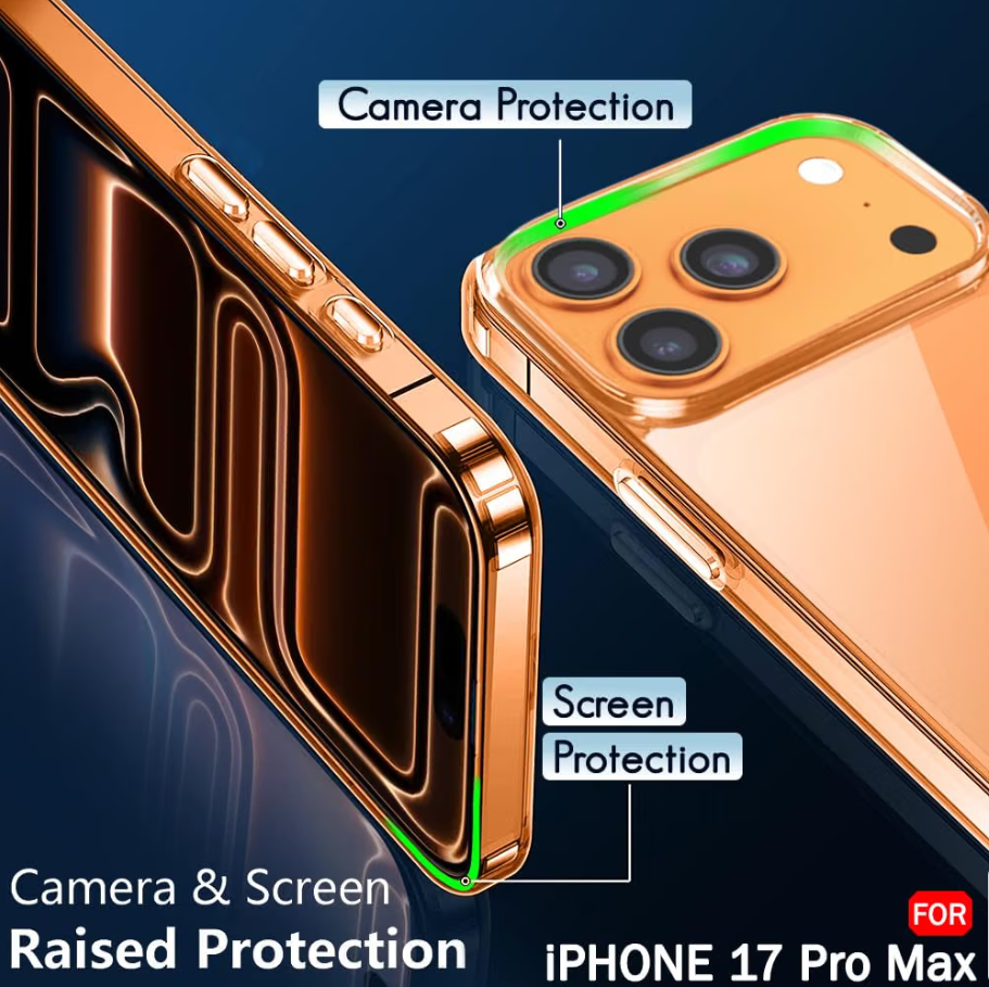 A promotional graphic showing a metallic rose-gold phone case fitted on an iPhone 17 Pro Max, with callouts highlighting camera protection and screen protection against a dark blue background.