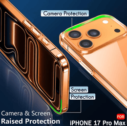A promotional graphic showing a metallic rose-gold phone case fitted on an iPhone 17 Pro Max, with callouts highlighting camera protection and screen protection against a dark blue background.