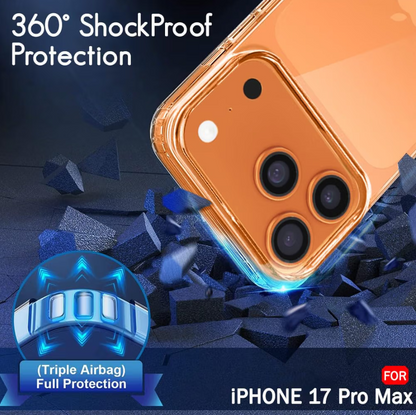 An orange iPhone 17 Pro Max shown at an angle with a transparent protective case, surrounded by shattered blue debris and marketing text reading '360° Shockproof Protection' and 'FOR iPhone 17 Pro Max.' This is not a clean standalone product shot because the scene is heavily promotional and includes environmental/destruction effects, but there is no person or real environment; it functions as a digital promotional composite rather than a standard lifestyle scene, so I classify it as Other.