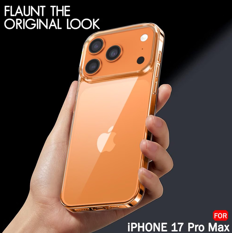 A hand holds a smartphone with a transparent case and reflective orange back, shown against a dark gradient background with text reading 'FLAUNT THE ORIGINAL LOOK' and 'FOR IPHONE 17 Pro Max'.