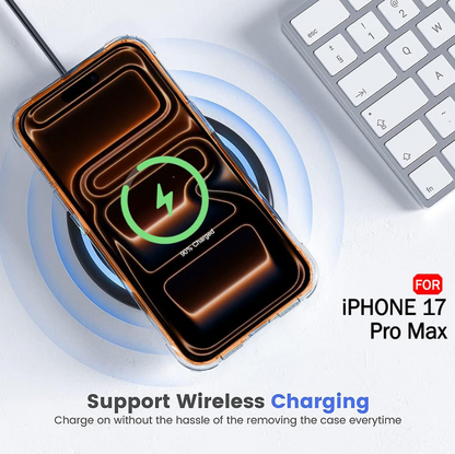 A wireless charging case shown on a phone, with a green charging icon on the screen and text reading 'Support Wireless Charging' and 'FOR iPhone 17 Pro Max'. The case has a metallic bronze/copper finish with a clear outer edge.