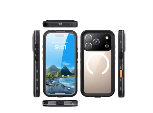 Back view showing clear waterproof case for iPhone 17 Pro Max