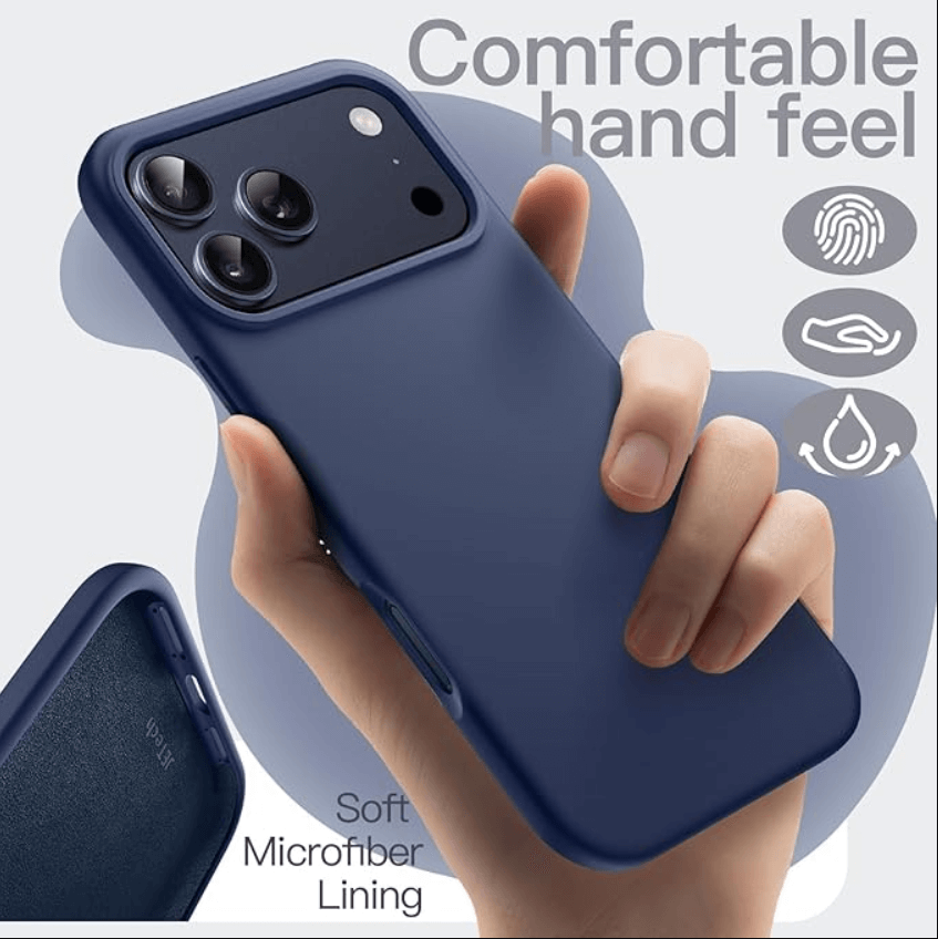Hand holding a blue phone case with text about comfort and features.