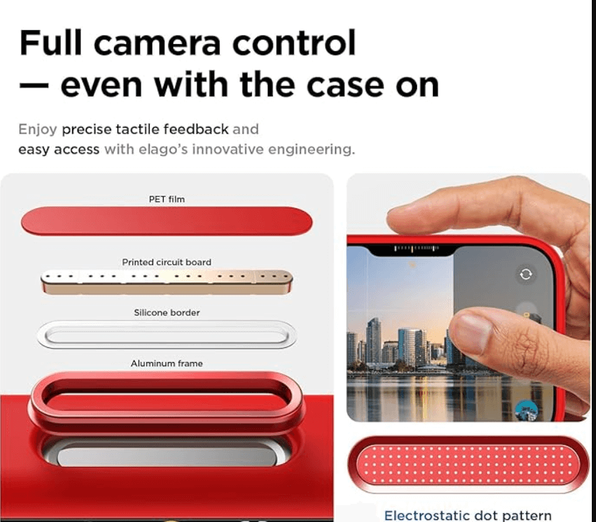 Red phone case with text about camera control and engineering