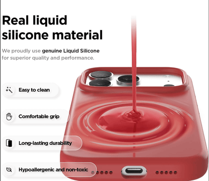 Red liquid silicone phone case being poured onto a phone with features listed below.