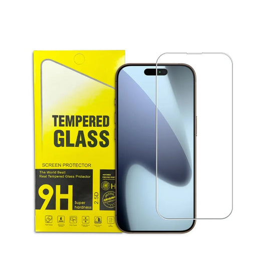 A clear tempered glass screen protector shown in front of its bright yellow retail packaging, with a smartphone displayed behind it on a plain white background.