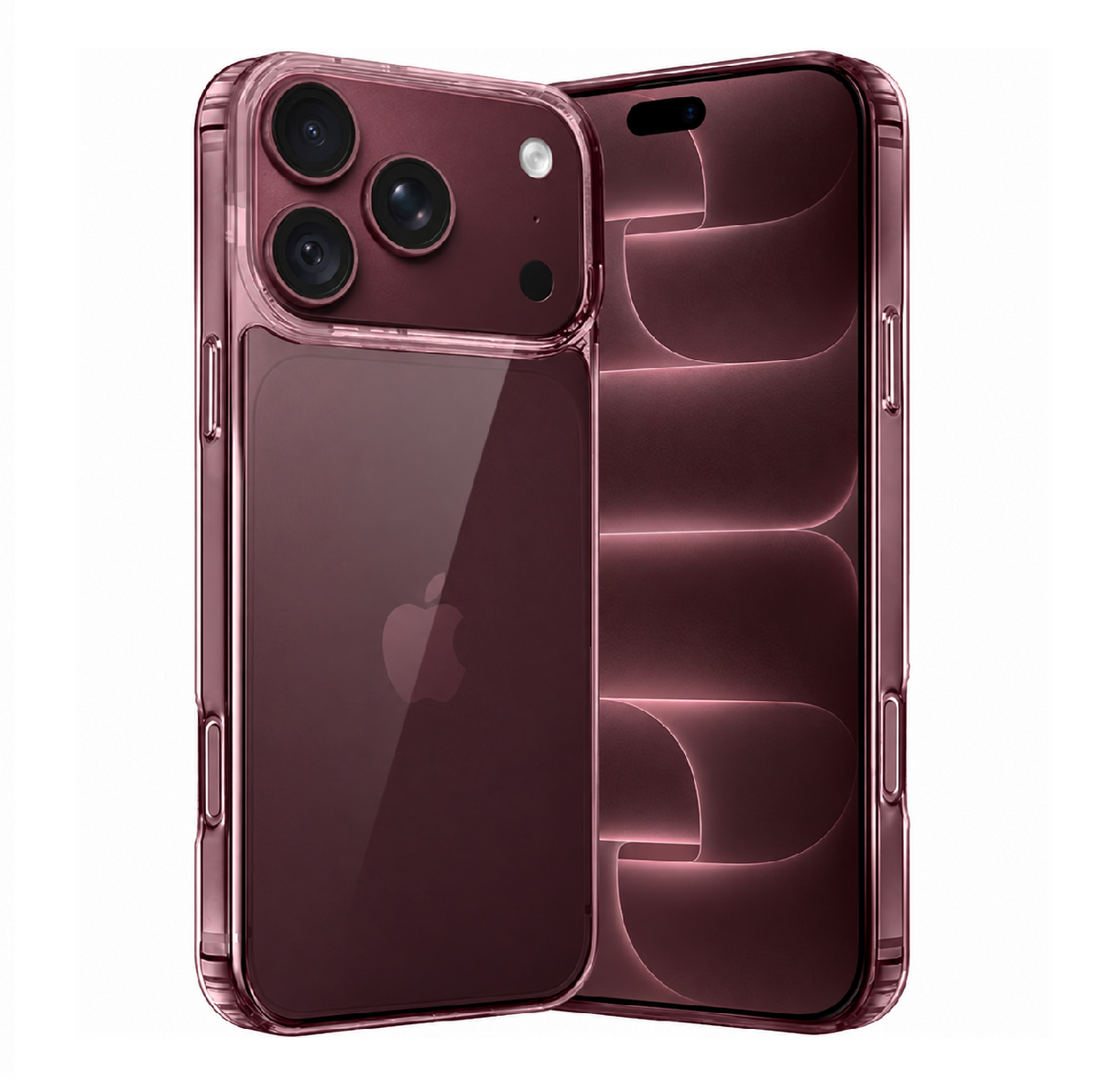 A translucent smoky rose gold phone case shown on the front and back of an iPhone, displayed against a solid white background.
