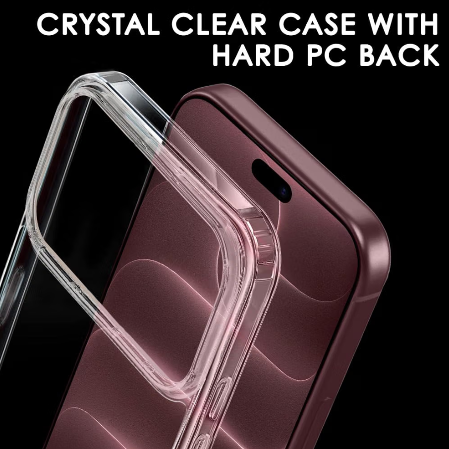 A clear crystal phone case with a hard PC back bumper, shown partially detached from a rose gold smartphone against a black background with white text reading 'CRYSTAL CLEAR CASE WITH HARD PC BACK'.