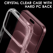 A clear crystal phone case with a hard PC back bumper, shown partially detached from a rose gold smartphone against a black background with white text reading 'CRYSTAL CLEAR CASE WITH HARD PC BACK'.