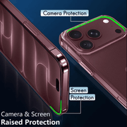 A clear phone case shown on a smartphone, with callout labels highlighting camera protection, screen protection, and raised edge protection against a dark blue background.
