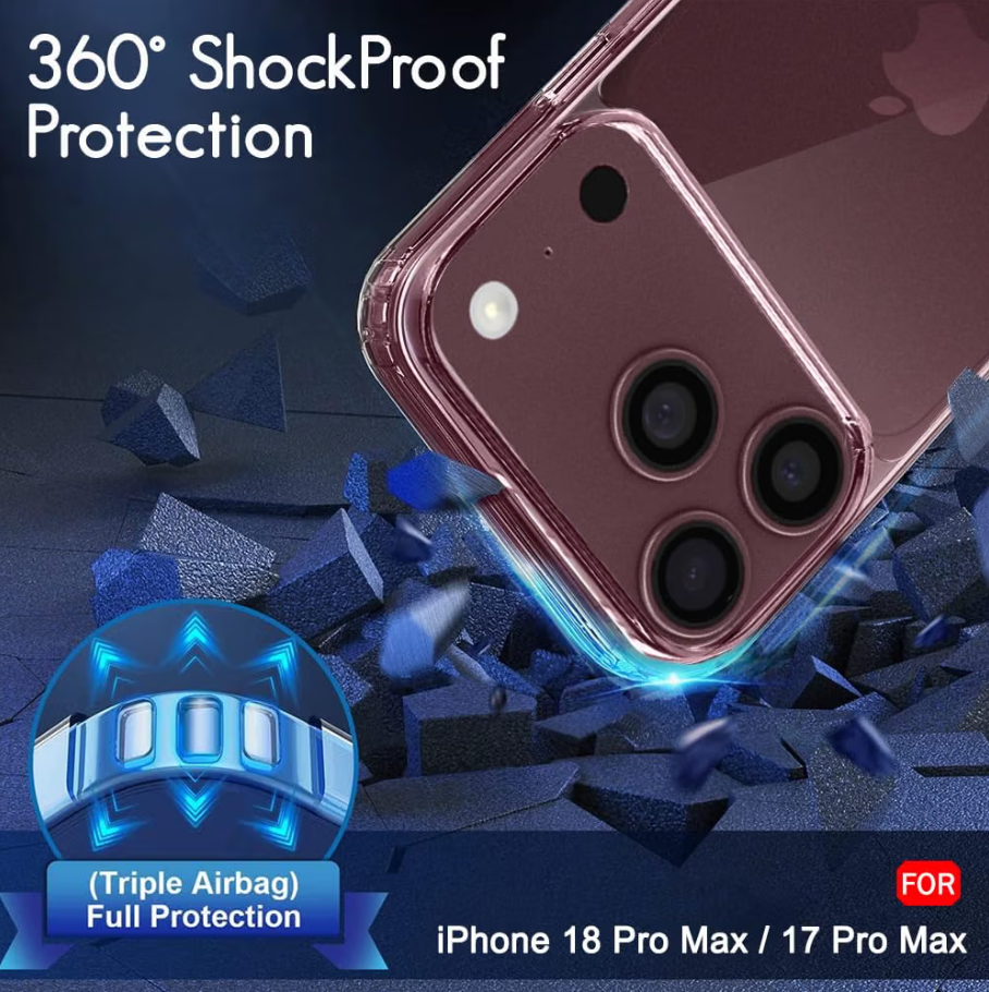 A clear protective phone case shown on a smartphone, with marketing text reading '360° ShockProof Protection' and 'FOR iPhone 18 Pro Max / 17 Pro Max.' The case is photographed over a stylized dark blue background with shattered glass graphics and a circular inset showing the bumper design.