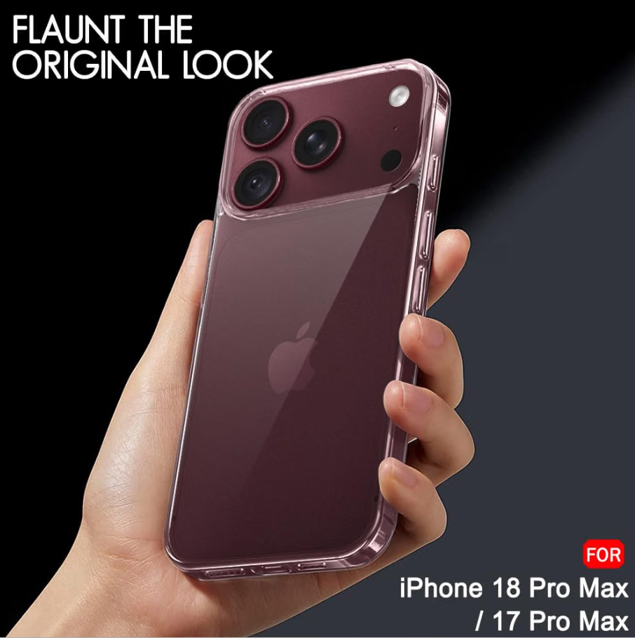 A hand holding a phone with a transparent smoky case, shown against a dark background with text reading 'FLAUNT THE ORIGINAL LOOK' and 'FOR iPhone 18 Pro Max / 17 Pro Max'.