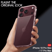 A hand holding a phone with a transparent smoky case, shown against a dark background with text reading 'FLAUNT THE ORIGINAL LOOK' and 'FOR iPhone 18 Pro Max / 17 Pro Max'.