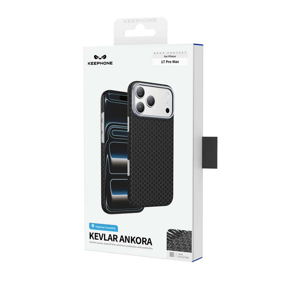Keephone Kevlar Ankora protective case for iPhone 11 Pro Max, shown in its original white retail packaging box.