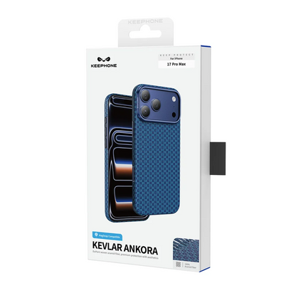KeepPhone Kevlar Ankora protective case for iPhone 17 Pro Max, shown in its original white retail packaging box.
