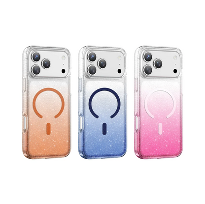 Three clear gradient phone cases with glitter and a MagSafe ring design, shown side by side on a white background. The cases feature orange-to-clear, blue-to-clear, and pink-to-clear color transitions.