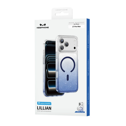 Keepphone Lillian MagSafe protective case for iPhone 17 Pro Max, shown in its original retail packaging. The packaging is white with blue accents, featuring a clear depiction of the phone case which has a blue glitter gradient and a dark blue MagSafe ring.