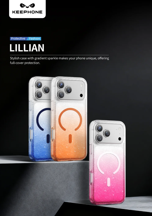 Three gradient phone cases with glitter are displayed on a dark studio background. The cases feature color transitions: blue to orange, orange to pink, and blue to pink, each with a circular MagSafe ring cutout.