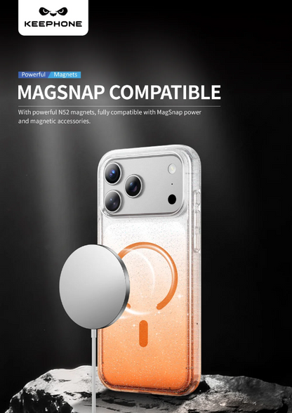 A clear phone case with a glittery orange lower section and a circular magnetic ring accessory shown in front, on a dark studio background with promotional text reading 'MAGSNAP COMPATIBLE' and the KEEPHONE brand logo.
