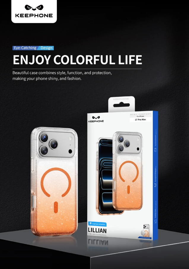 A clear phone case with an orange glitter gradient and a circular magnetic ring design, shown standing next to its retail box on a dark studio background. The brand KEEPHONE is visible on the packaging and top left.