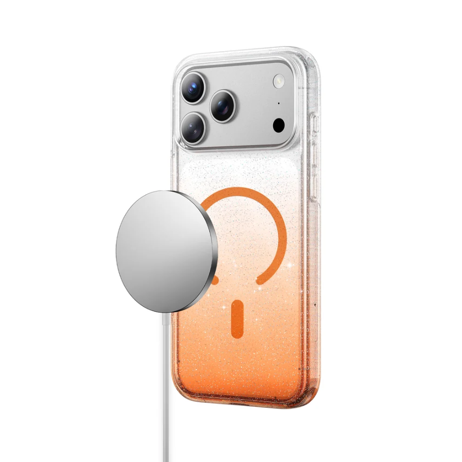 A clear phone case with a glittery orange gradient and an orange headphone icon, shown on a silver smartphone. A silver MagSafe ring is attached to the side, and a white cable extends from the bottom against a plain white background.