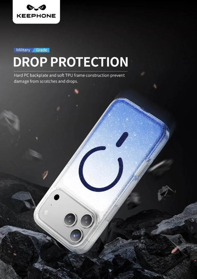 A phone case with a blue glittery gradient back and a dark power-button symbol, shown floating above dark rocks with marketing text reading 'DROP PROTECTION' and the brand name KEEPHONE at the top.