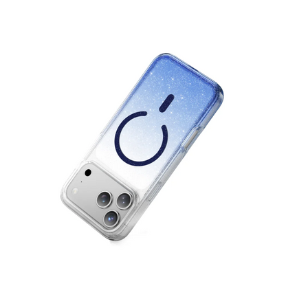 A clear phone case with a blue glitter gradient and a dark blue power symbol, shown on a silver smartphone against a white background.