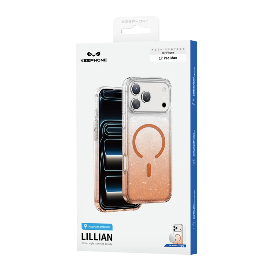 Keepphone Lillian MagSafe case for iPhone 17 Pro Max in white packaging with blue accents, showing the clear case with a rose gold glitter gradient and MagSafe ring.