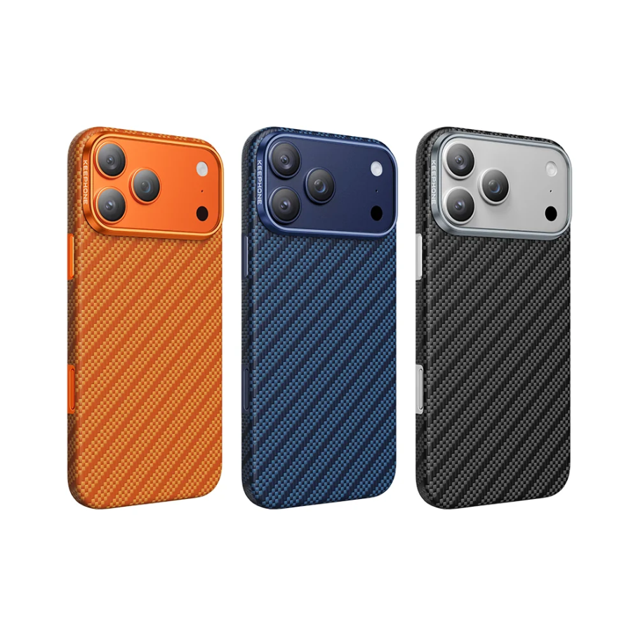 Three smartphone cases shown side by side on a white background, each fitted over a phone and featuring a carbon-fiber-style textured pattern. The cases are orange, dark blue, and black.