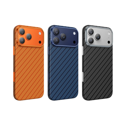 Three smartphone cases shown side by side on a white background, each fitted over a phone and featuring a carbon-fiber-style textured pattern. The cases are orange, dark blue, and black.