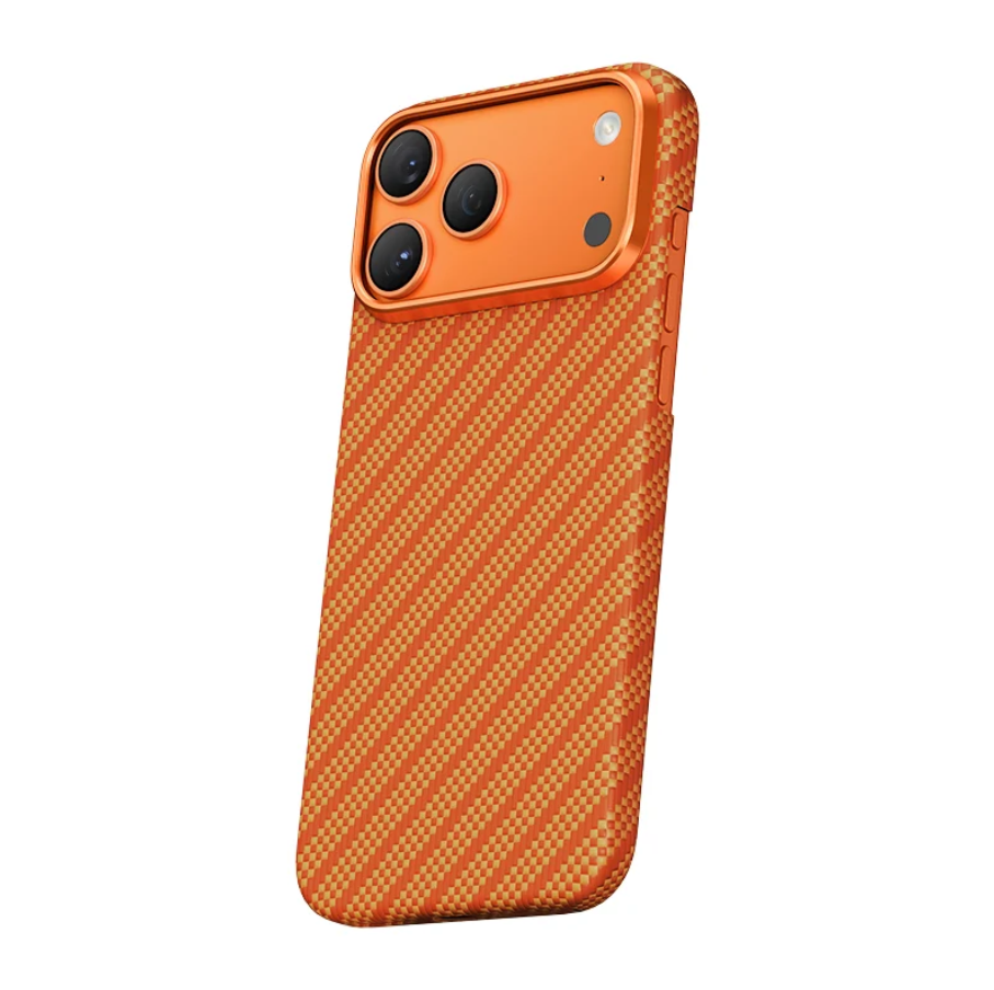 An orange protective phone case with a textured diagonal grid pattern and a raised camera bumper, shown on a white background.