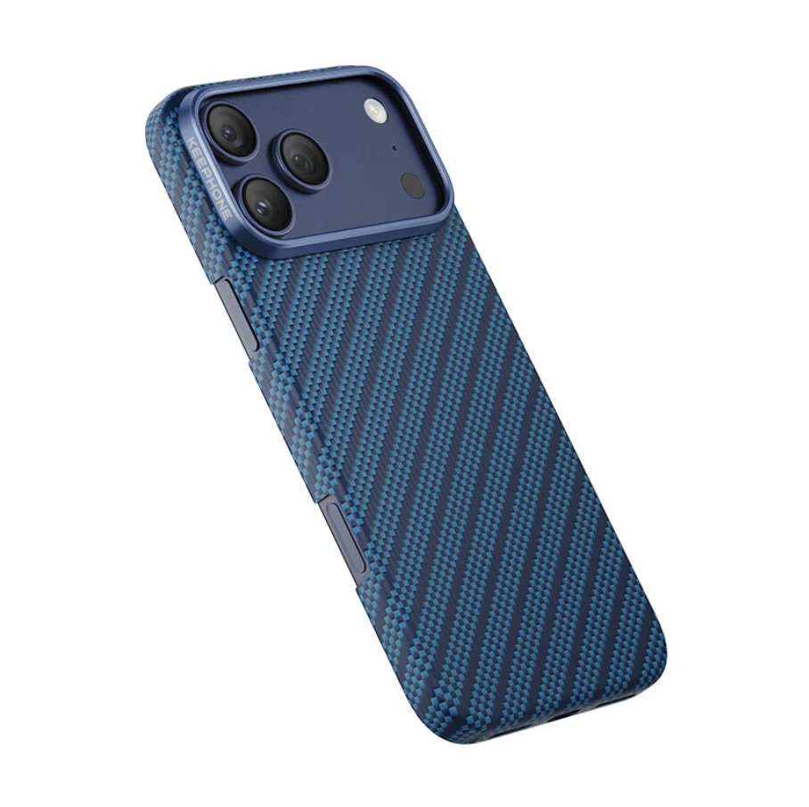 A blue carbon fiber-patterned phone case with a matching blue camera bumper, shown on a white background.
