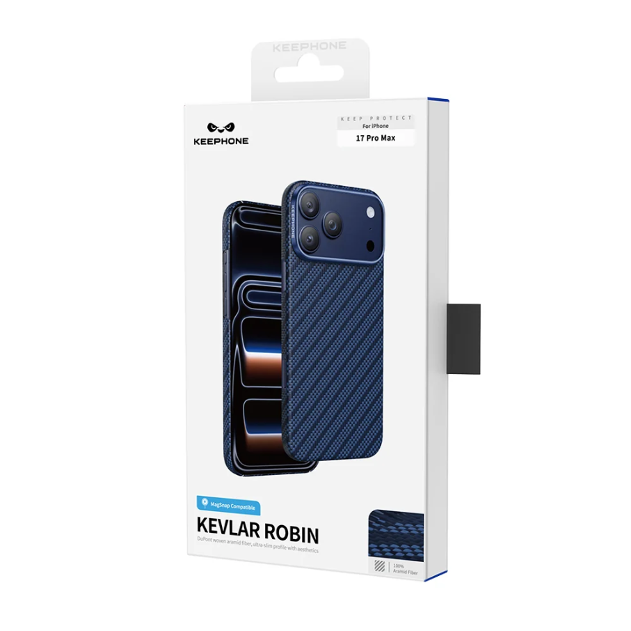 Phone case packaging with 'Kevlar Robin' branding on a white background