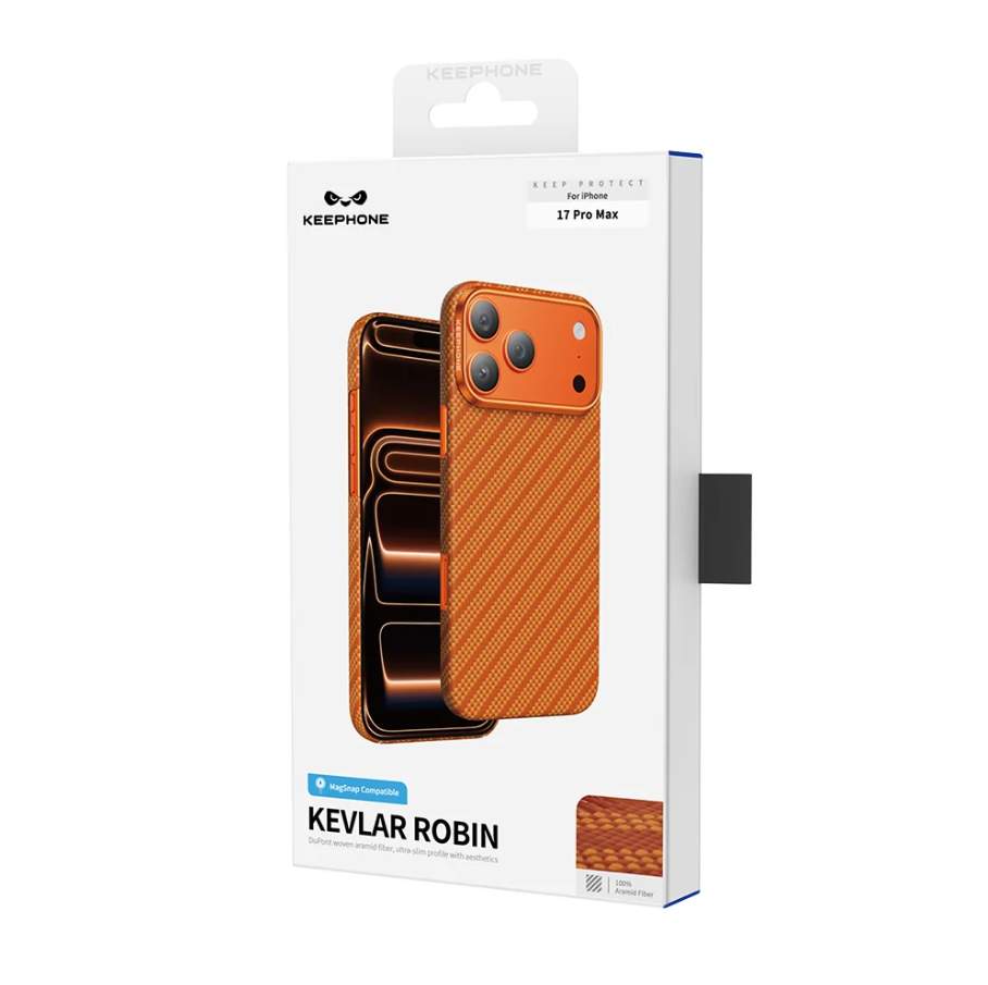 Orange phone case packaging with 'Kevlar Robin' branding on a white background