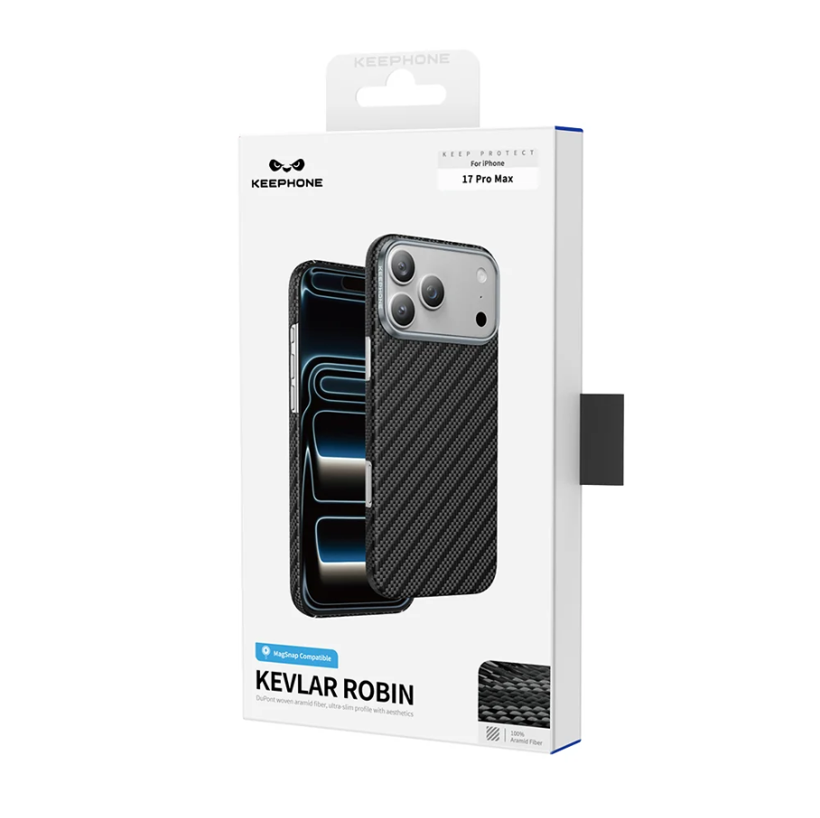 Keephone Kevlar Robin protective case for iPhone 17 Pro Max, shown in its original white retail packaging box against a white background.